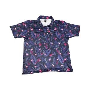 Greater Half Mens XL‎ Flamingo Tropical Print Performance Golf Polo Navy Blue